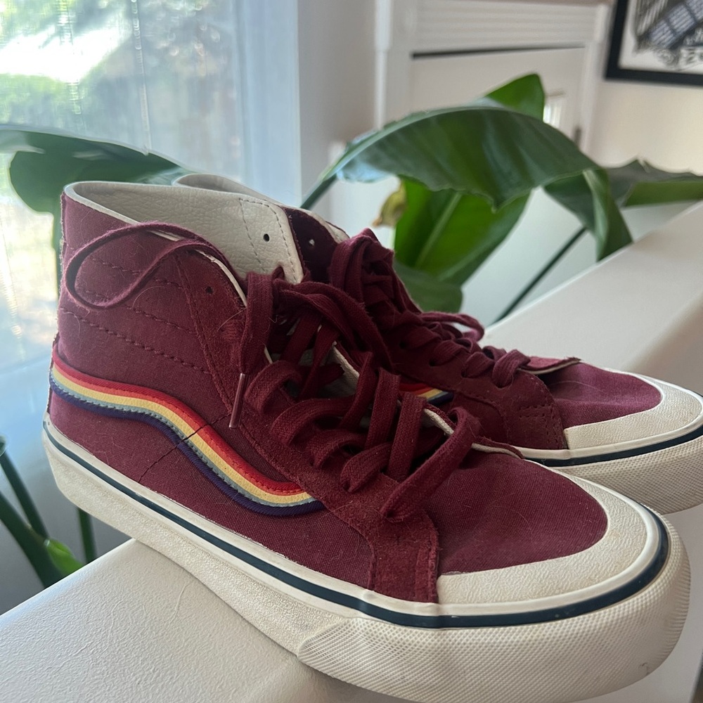 Vans Maroon High-Tops with Colorful Stripe